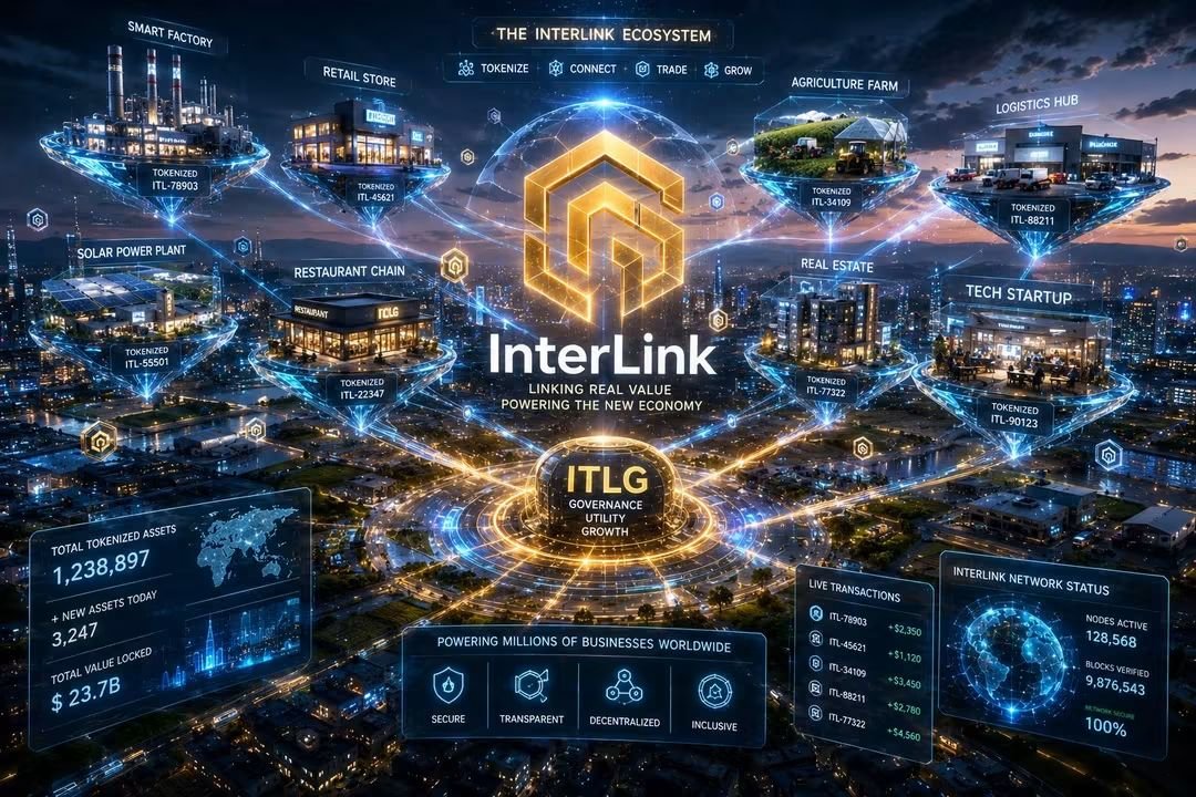 DAKSHAYAc3z's tweet photo. Factories, stores, farms, and businesses turning into floating digital tokens connected by blockchain energy streams, InterLink ecosystem visualized as a glowing network, hyper-realistic details, futuristic financial innovation theme.
#InterLink #ITLG #ITL https://t.co/MLTUESc2yE