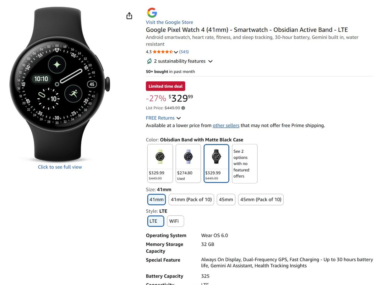 dbayexquisite's tweet photo. DEAL OF THE DAY ‼️

The Google Pixel Watch 4 is currently on a 27% discount on Amazon. This means you’ll be getting it for $330 ($357 with tax) instead of $450.

That’s $120 saved. Shop now with @dbayexquisite for a seamless shopping and shipping experience. Link in replies: https://t.co/qeCRvHHt05