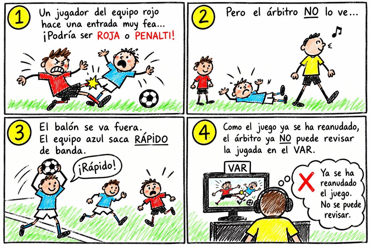 tylerdurdenESP's tweet photo. Marc, campeón, ¿te diste un golpe al nacer o te lo has currado tú solo para ser tan subnormal?

Si se produce una situación de roja o penalti que el árbitro no ve, si el equipo contrario tiene la posesión del balón, puede sacar rápido para impedir al árbitro revisar la jugada.

Le he pedido a Chat GPT que haga un dibujo para ayudarme a explicárselo a un retrasado. Debería valer.

Un saludo