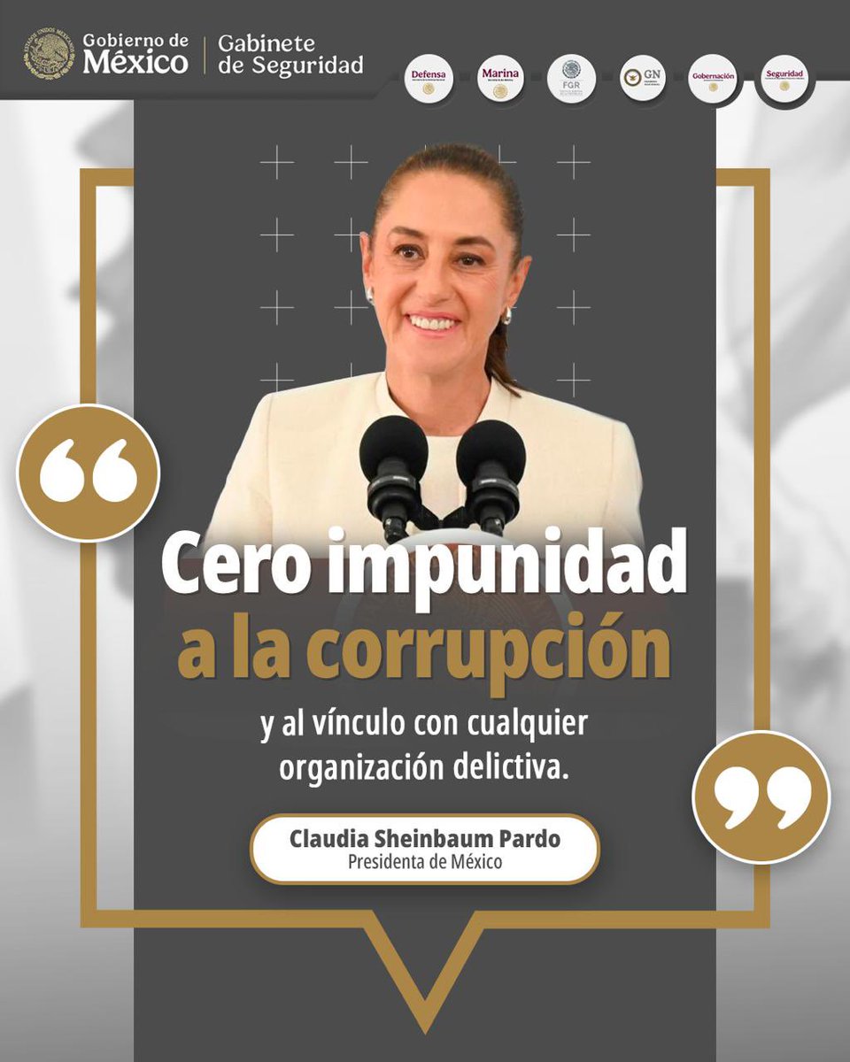 GabSeguridadMX's tweet photo. El compromiso del Gabinete de Seguridad, liderado por la Presidenta @ClaudiaShein, es la cero tolerancia al delito y a la impunidad, sin importar de dónde provenga ni quienes estén involucrados.
Mediante los cuatro ejes de la Estrategia Nacional de Seguridad, se continúa el trabajo de construir una Paz Duradera.