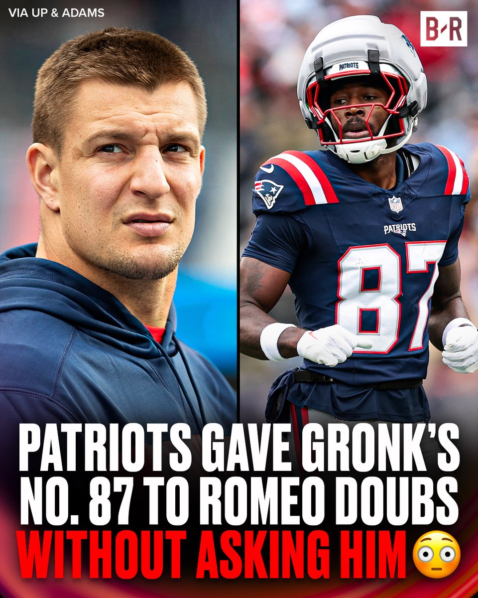 BleacherReport's tweet photo. Rob Gronkowski says he “wasn’t consulted at all” but is “cool with” the Patriots giving No. 87 to Romeo Doubs 😅

Gronk thinks Tom Brady’s No. 12 should be the only number retired by New England 👀

(Via @UpAndAdamsShow, @heykayadams) https://t.co/fsTiiGz0KR