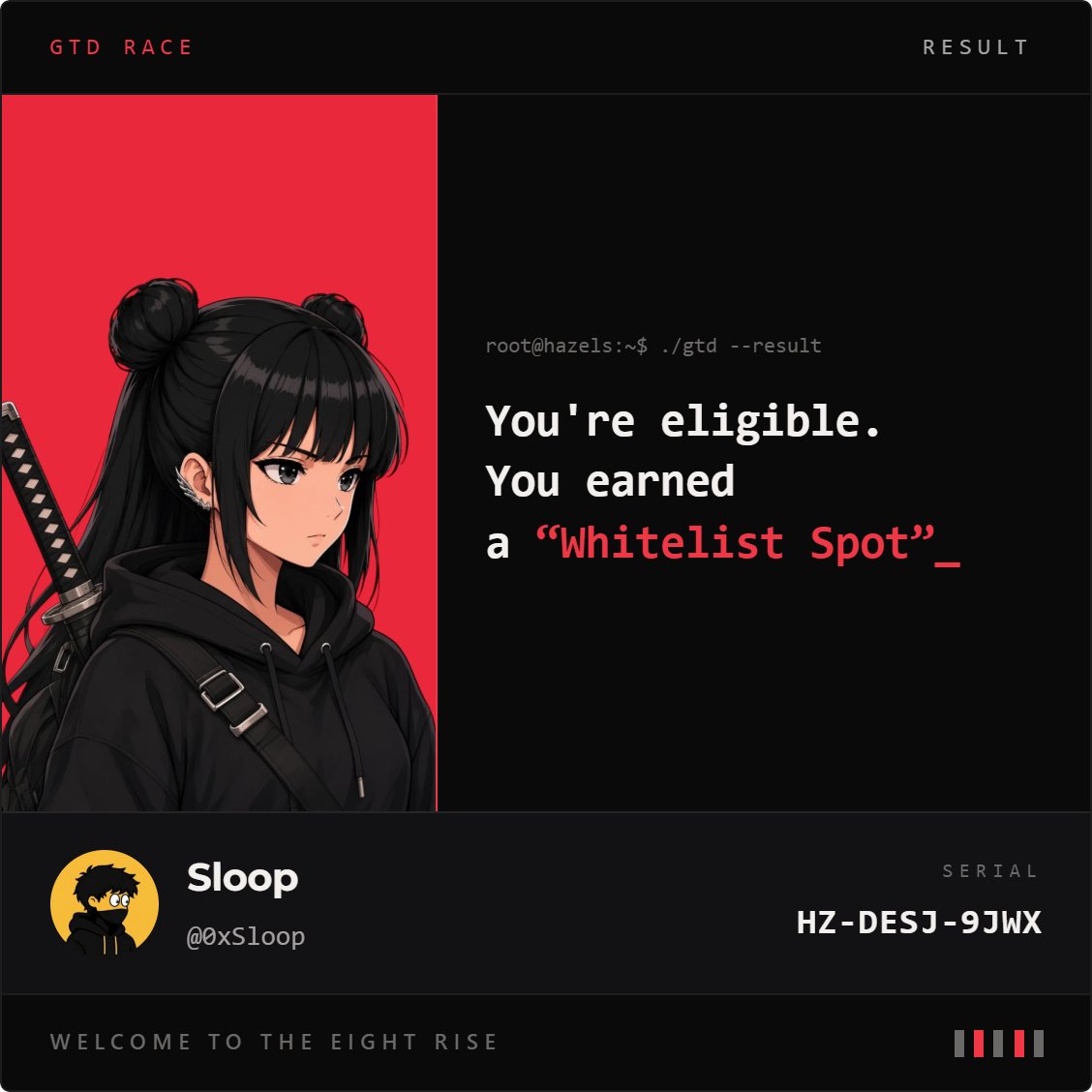 0xSloop's tweet photo. I'm eligible for the @0xhazels WL spot.

Check yours: https://t.co/FciuhpeDgM

Are you eligible? https://t.co/d9PJZCrwAa