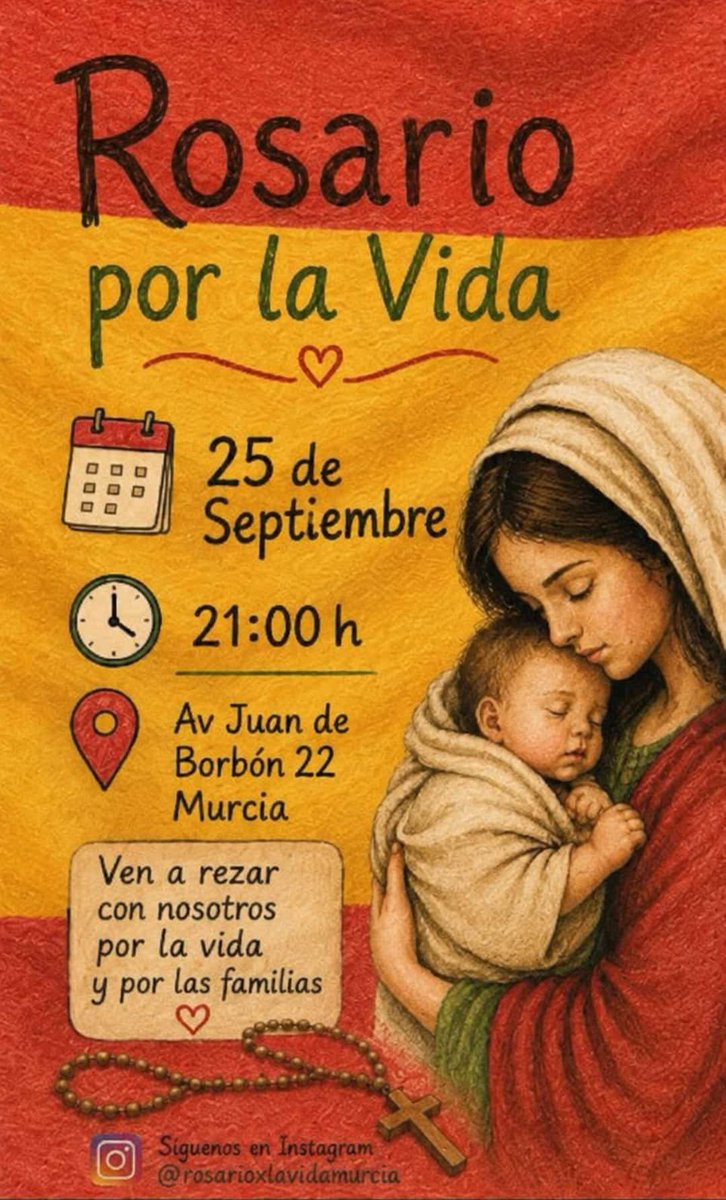 DebeVivir's tweet photo. Este Viernes 25 de Septiembre

Como venimos realizando más de 17 años ininterrumpidamente, rezaremos públicamente la oración del Santo Rosario, por la Vida 🤰👨🏻‍🍼🤱👶👴🏼👵🏻
A las 21h 
En Murcia: Avenida Juan de Borbón, 22

¡Te esperamos!

Síguenos en Instagram: rosarioxlavidamurcia https://t.co/QNJcwHGWP7