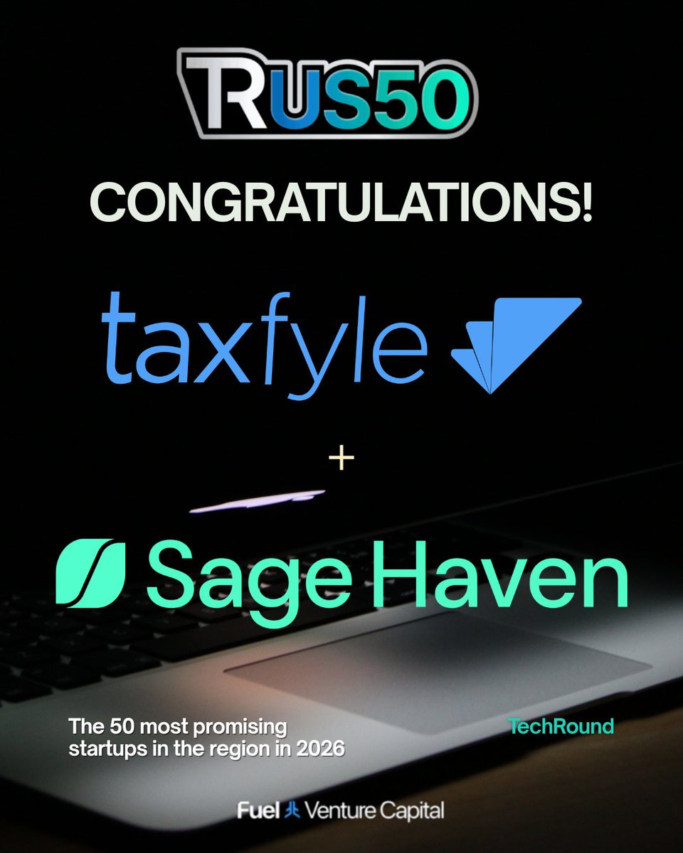 FuelVC's tweet photo. Congratulations to Fuel portfolio companies @taxfyle and Sage Haven for being named winners of @TechRoundUK’s US50 2026! We’re proud to back two companies being recognized among the most innovative and impactful tech companies in the U.S. #US50 #FuelVentureCapital #VC #Startups https://t.co/cEj1m1EycC