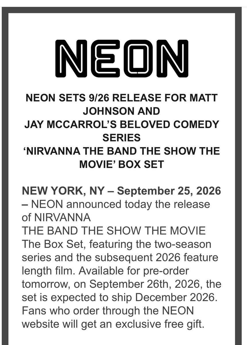 HertzBarry's tweet photo. NEON finally confirms NIRVANNA THE BAND THE SHOW THE MOVIE box set: Available for pre-order Sept. 26, expected to ship December. Sixteen commentary tracks for the Viceland series. 90 minutes unseen footage, too. https://t.co/wsokaSbmAg