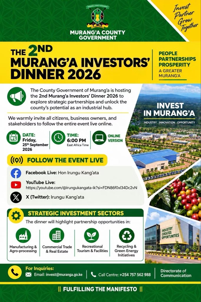 _wandaka's tweet photo. Tonight Murang’a is open for business.
2nd Investors’ Dinner 2026 — theme: Unlocking Murang’a as an Industrial Hub. Manufacturing, agro-processing, real estate, tourism, recycling and green energy on the table.
Governor Irungu Kang’ata putting people, partnerships and prosperity first. Watch it live and see the pitch.
Invest. Partner. Grow together.
#MurangaInvest2026 #MurangaCounty #IrunguKangata #HonKangata #InvestInMuranga #FulfillingTheManifesto #IndustrialHub