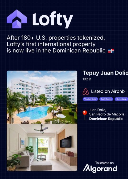 CoinbarOfficial's tweet photo. Algorand’s real-world asset ecosystem is expanding beyond the US.

Lofty, a tokenized real estate platform using Algorand, has launched its first international property in the Dominican Republic after bringing more than 180 US properties on-chain.

#Algorand #RWA #Tokenization https://t.co/p3jhihxbIa