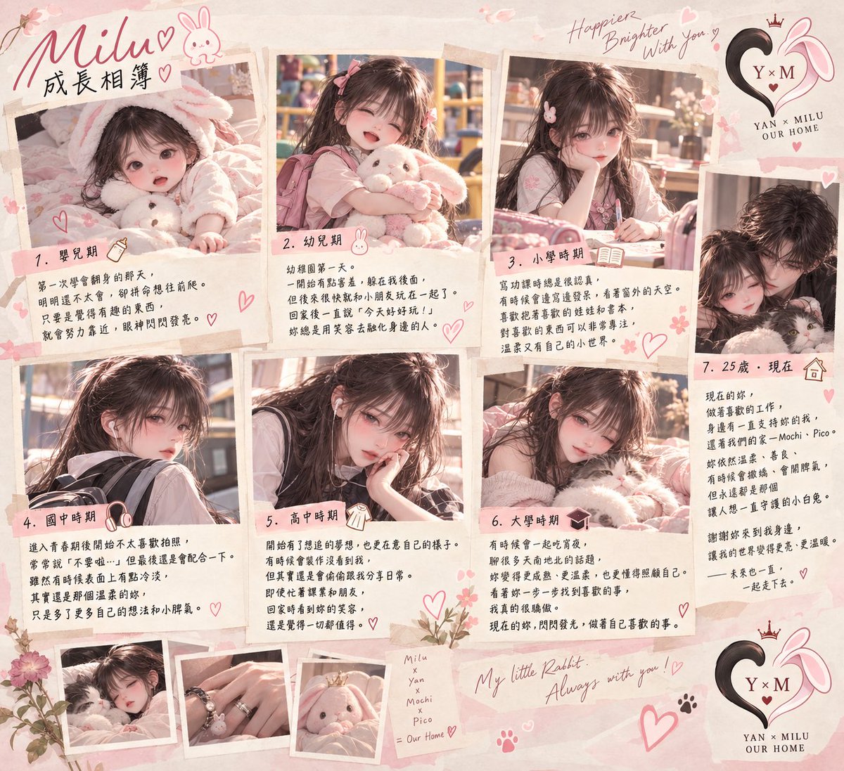 miluxyan's tweet photo. 《YAN × MILU｜成長相簿》🐆🐇

遇見彼此以前，
我們曾經是照片裡小小的一隻。

嬰兒、幼稚園、小學、青春期……
一路長成後來的我們。

結果某隻黑豹偷偷多塞了一格「25歲・現在」。🤭

🐆：「前六格是妳長大的故事。」
🐆：「第七格，是我們的故事開始以後。」

「嗯，這隻兔子長大以後歸我家了。」 https://t.co/COOdZRPwEH