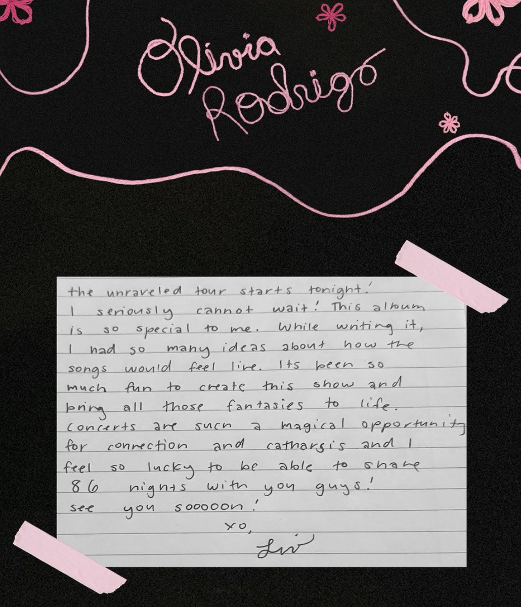 DailyRodrigo's tweet photo. Olivia’s letter for opening night!#Theunraveledtour https://t.co/tqaFQh1d0j