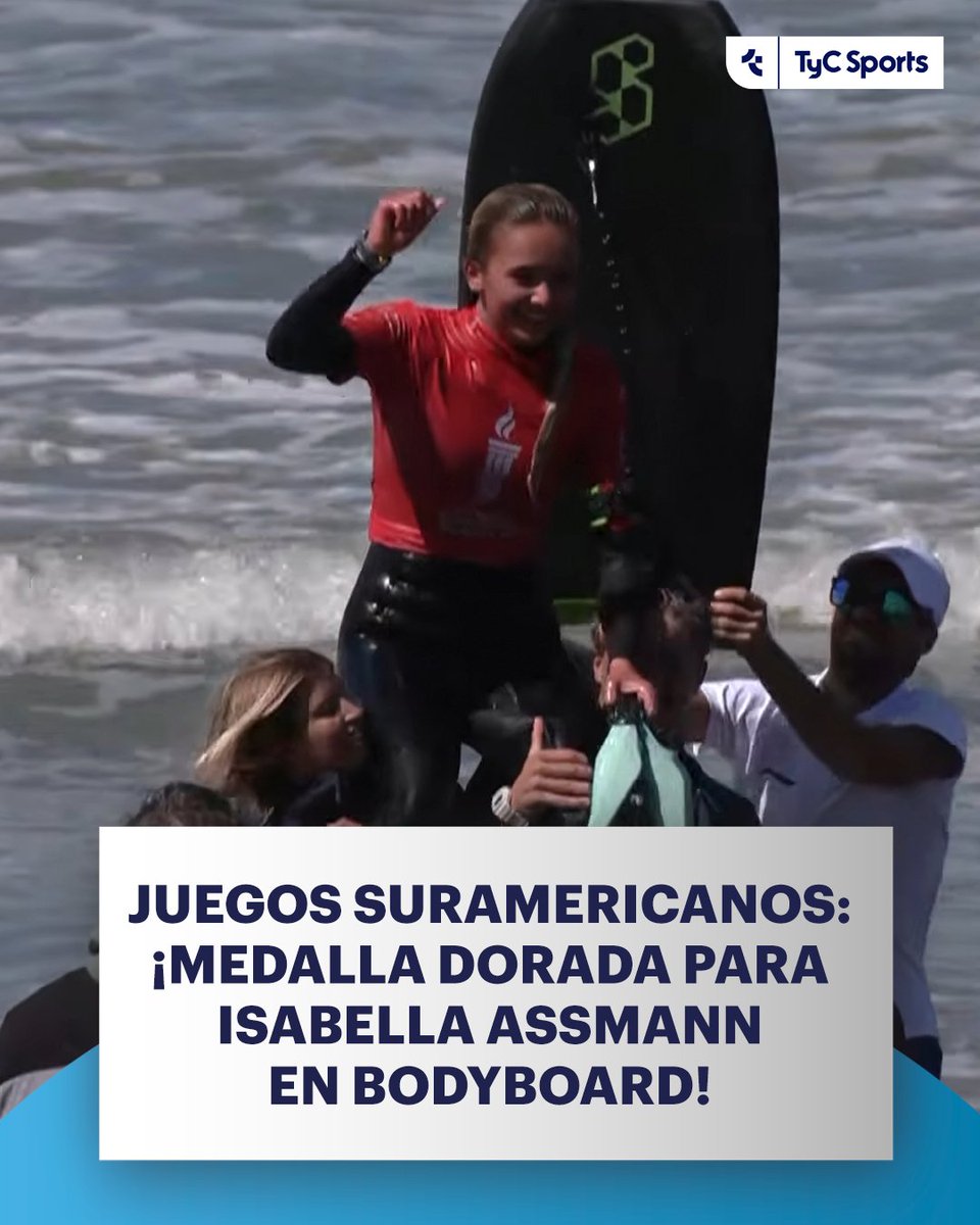 TyCSports's tweet photo. 🇦🇷 ¡OTRA DORADA PARA ARGENTINA! 🥇

🏄‍♀️ Con tan solo 14 años, Isabella Assmann, hija de Fabián Assmann y Melina Pitra, se subió a lo más alto del podio: en bodyboard femenino, se impuso en la final ante la chilena Valentina Díaz.

¡FELICITACIONES! 👏 https://t.co/9GB9OxXCvB