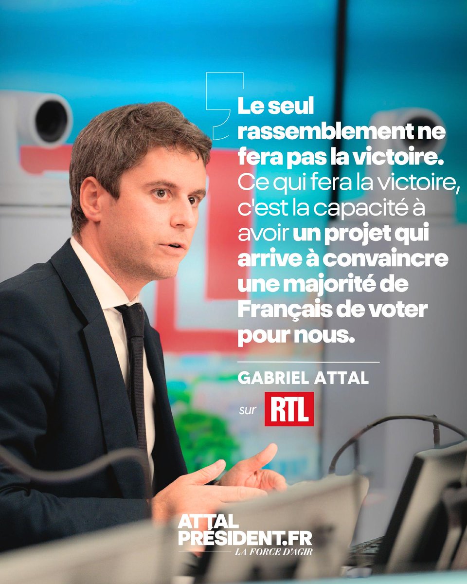 Renaissance's tweet photo. C’est par les idées et par un projet pour le pays que se construira la victoire.

Celui de Gabriel Attal, c'est refaire de la France la première puissance d'Europe en 10 ans, en réussissant sur quatre chantiers capitaux : l'École, les salaires, les frontières et l'intelligence artificielle.

Pour rejoindre la campagne, rendez-vous sur https://t.co/jAKtid83aN 🇫🇷