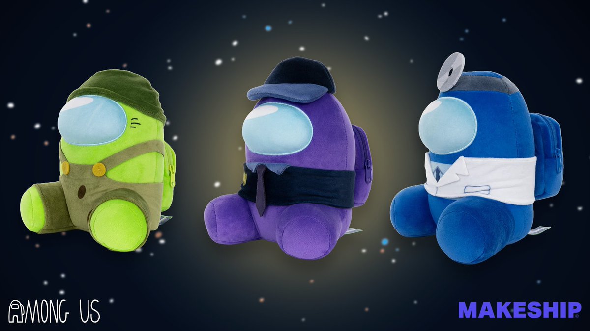 AmongUsGame's tweet photo. NEW AMONG US SHOW PLUSHES JUST DROPPED 📢‼️

u asked, we answered 😎 these 3 cuddly beans are available for pre-order now!
💜 Purple Security Crewmate
💙 Blue Doctor Crewmate
💚 Lime Engineer Crewmate

check them out on @Makeship, link down below! ⬇️ https://t.co/EhGnoRLBYH