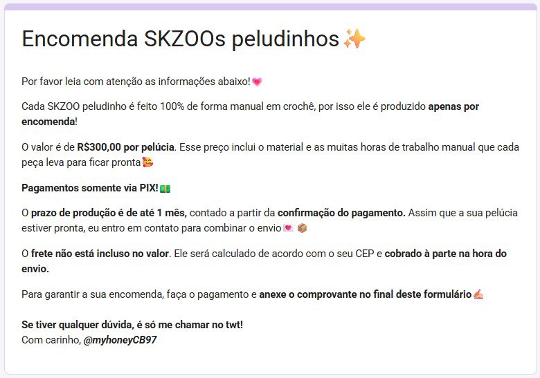 myhoneyCB97's tweet photo. É oficial, abrindo encomendas dos skzoos peludinhos hj às 19:30 via forms✨💗

Serão apenas 8 vagas nessa primeira leva, com 4 versões pra escolher (🐺🐰🐷🥟)

O preço ficou em 300 reais mais o frete à parte (q eu posso calcular em qualquer momento, podem me chamar na dm)💌 https://t.co/HO8sypvmNC