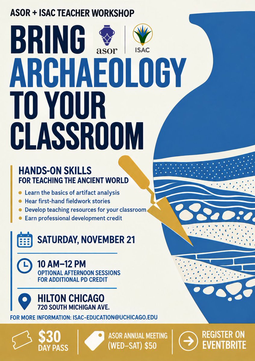 ASOResearch's tweet photo. 🏺Calling all teachers—bring archaeology into your classroom! Join ASOR and @isac_uchicago for a hands-on teacher workshop full of ready-to-use lessons and activities on the ancient world.

📅 Sat, Nov 21 | 10 AM–12 PM📍Hilton Chicago

🎟️ Register here: https://t.co/NxslUojS9e https://t.co/KFro49p8R3