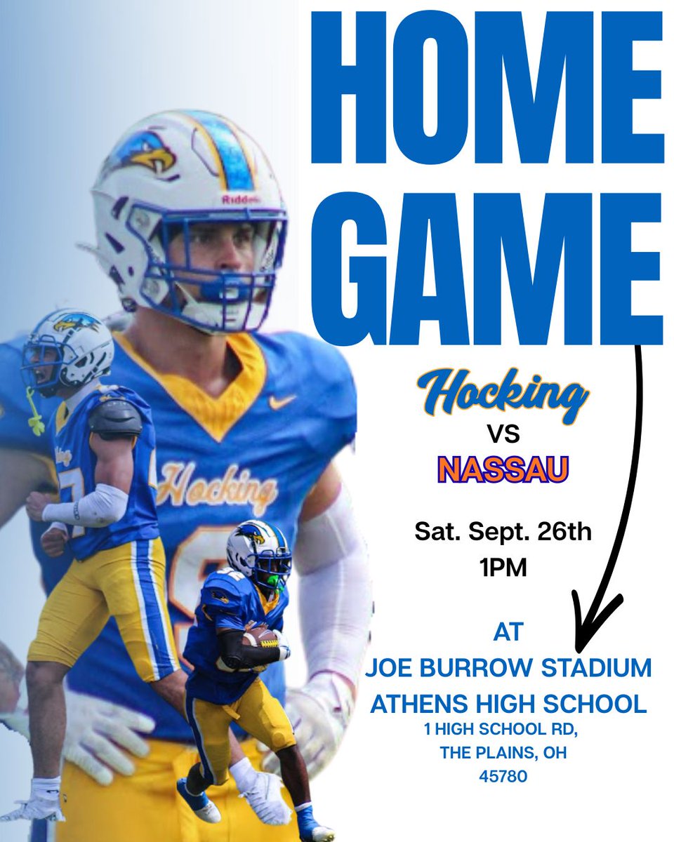 HockingFootball's tweet photo. Due to the flooding on campus this week, our home game against Nassau (9/26) will be moved to Joe Burrow Stadium at Athens HS in The Plains, OH. Kickoff is still at 1PM.
#OTO https://t.co/npfeNYZPtC