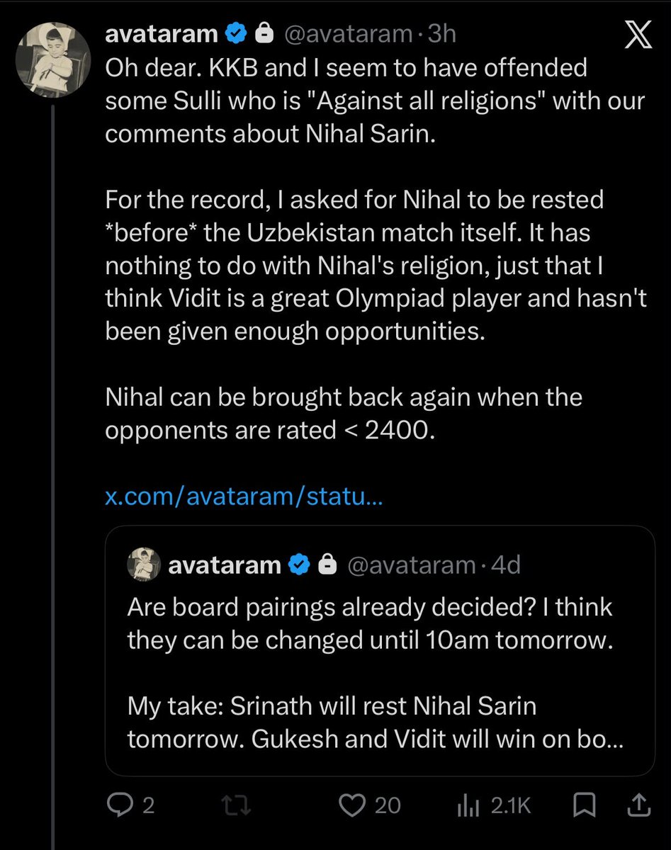 SharpDose's tweet photo. Hi @avataram , sulli here. For the record, your language about "KKB" implies you are precisely the circlejerks I was talking about. I am indeed "against all religions". And your knowledge of chess clearly shows when you pitch Vidit to play board 4 and give Gukesh board 3 against https://t.co/zUxKeRJnNe