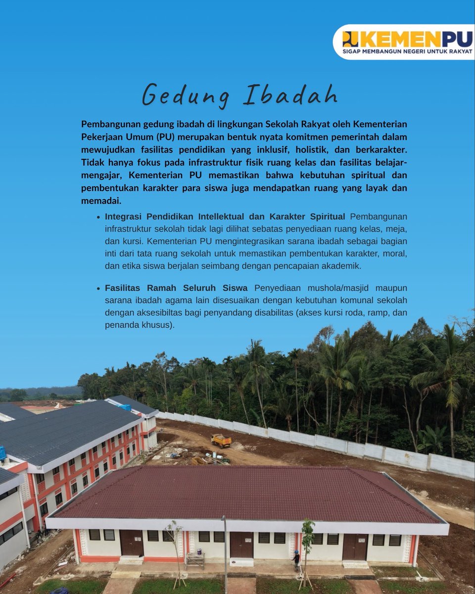 ppsbanten's tweet photo. Tidak hanya membangun fisik, tapi juga membangun karakter.

Kementerian Pekerjaan Umum terus berkomitmen menghadirkan infrastruktur pendidikan yang utuh di Sekolah Rakyat, salah satunya melalui pembangunan sarana ibadah. https://t.co/nwJUkJVflL