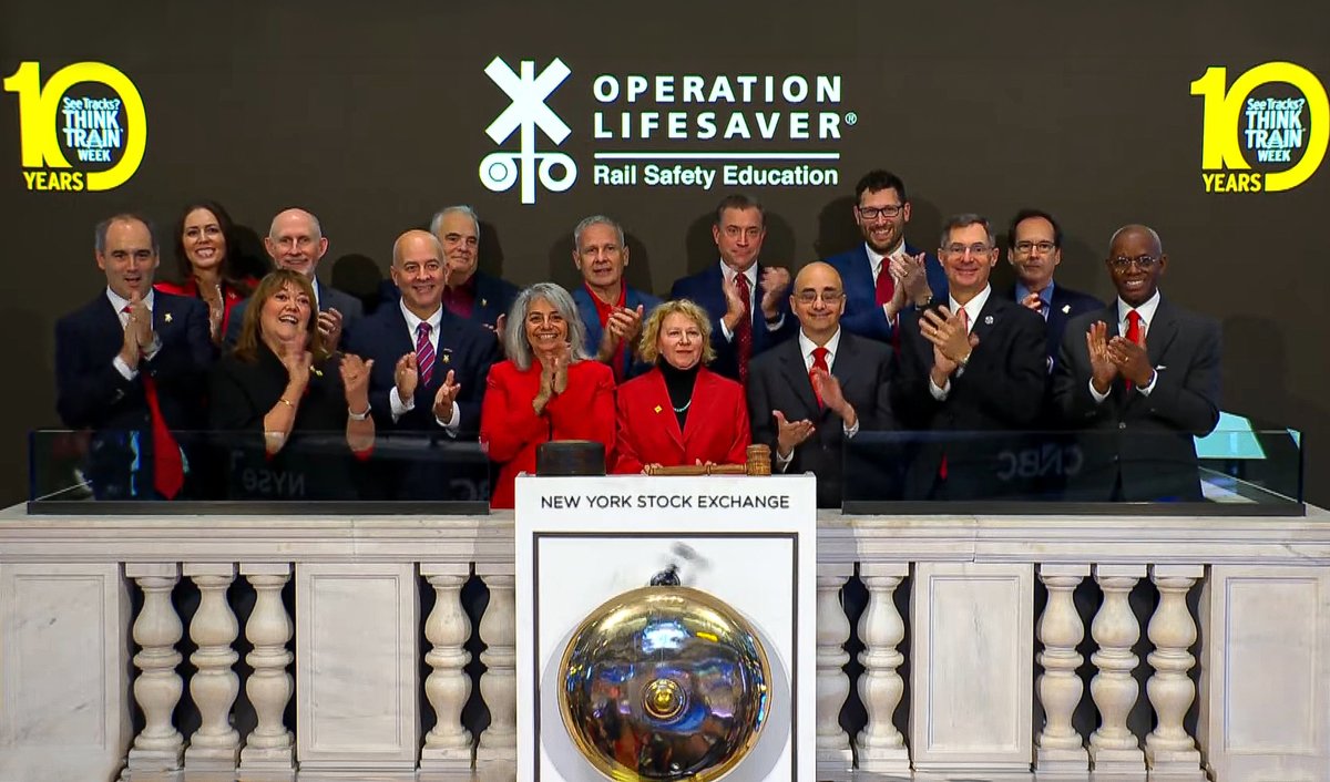 nscorp's tweet photo. One simple message. 10 years of making a difference. 

#TeamNS joined @olinational at @NYSE today as they rang the Opening Bell® to recognize the 10th annual #SeeTracksThinkTrainWeek. 🔔 

We’re proud to stand with rail safety partners to keep communities safe around tracks and trains all year long.