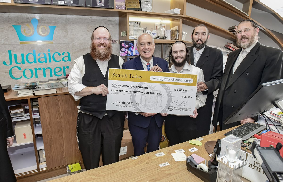 NYSComptroller's tweet photo. A great day this week returning lost money in NYC! I spent it with Assemblymember @SEichenstein visiting local businesses along 13th Ave. in Borough Park. Wonderful meeting so many people and wishing them well near the start of Sukkot. Make sure to check my office’s website to see if you or your business has money waiting to claimed. https://t.co/PL92qD4nis