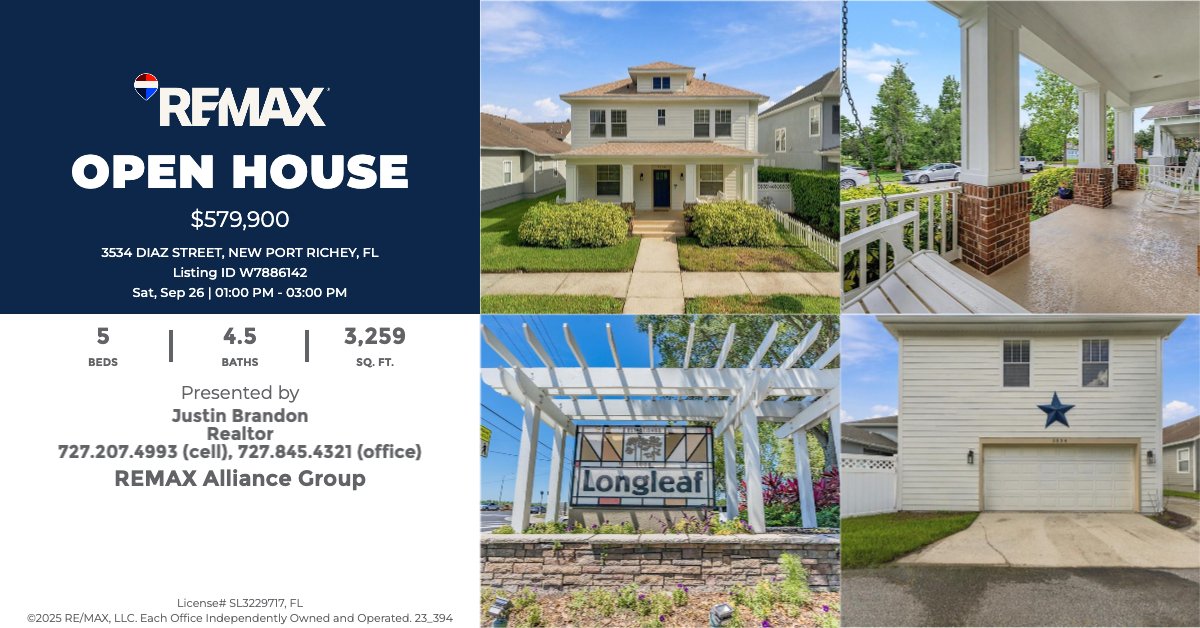 JustinBran25681's tweet photo. 🏡 OPEN HOUSE + NEW PRICE! 🌿

📅 Sat, Sept. 26 | 1–3 PM
💰 **$579,900**
📍 3534 Diaz St, New Port Richey
🛏️ 5 Beds | 🛁 5 Baths | 📐 3,259 Sq Ft

✨ Fresh paint
✨ New flooring
✨ Mother-in-law suite
✨ Brand-new roof
✨ Conservation views

📲 727-207-4993

#Longleaf #OpenHouse https://t.co/u2ej3DSGtO