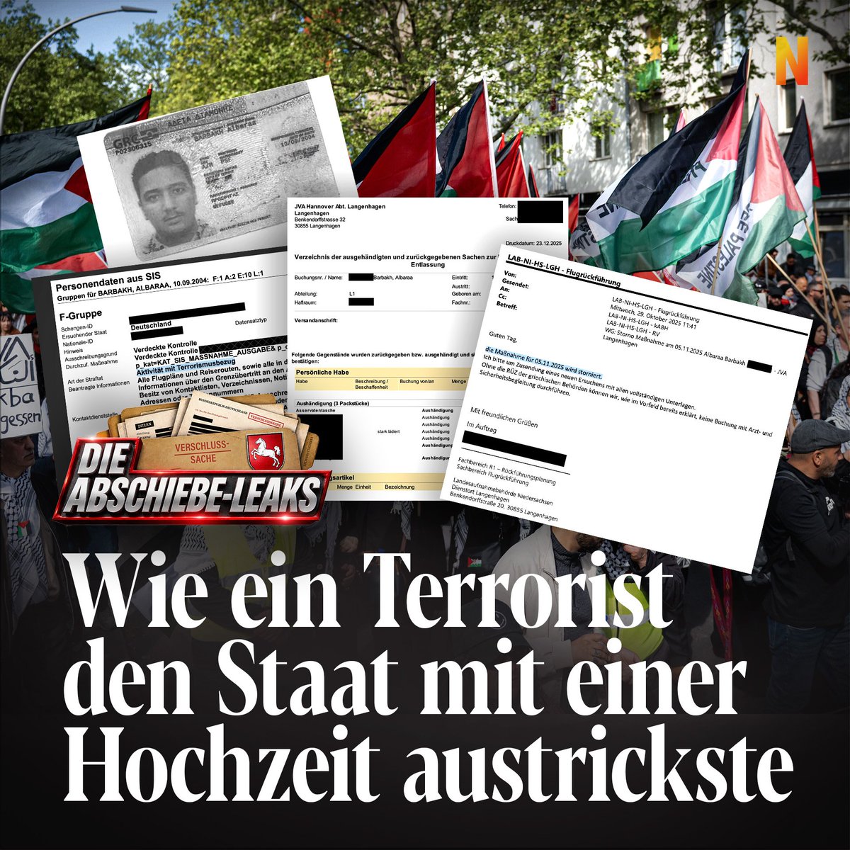 niusde_'s tweet photo. Unsere dritte Geschichte über die niedersächsischen Abschiebeleaks ist nun erschienen. Sie handelt von dem Hamas-Terroristen Albaraa Barbakh, der trotz gebuchten Abschiebeflugs nicht nach Griechenland zurückgeführt werden konnte. Nachdem er aus der Abschiebehaft entlassen wurde, heiratet er seine Cousine, die deutsche Staatsbürgerin ist, und kann deswegen nicht mehr abgeschoben werden. 
https://t.co/XisyCblgWA