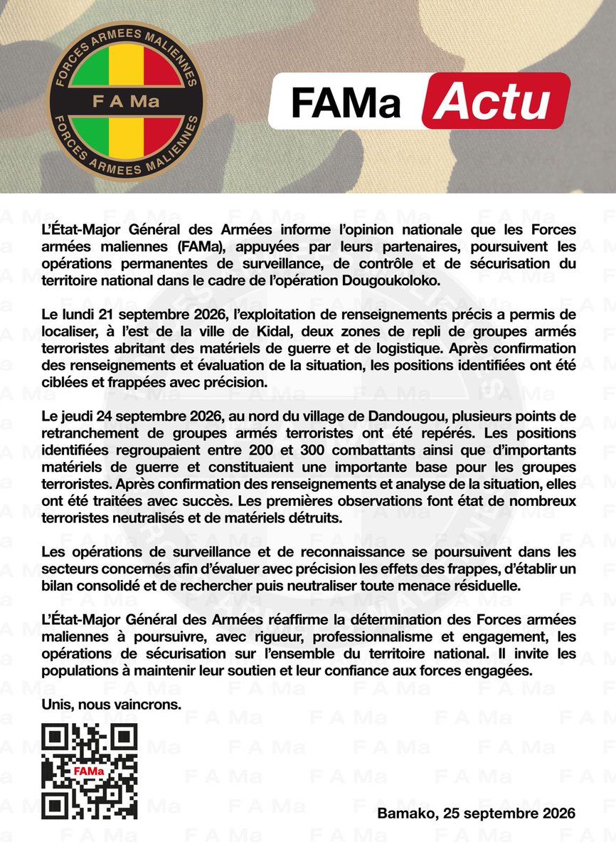 DirpaFa's tweet photo. #FAMa Actu
L'État-Major Général des Armées informe l'opinion nationale que les Forces armées maliennes (FAMa). https://t.co/nmgvLvLYOC