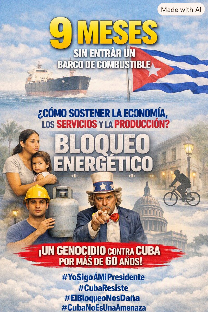 EduardoLopezL65's tweet photo. 🚢🇨🇺 “Hace 9 meses no entra un barco de combustible. ¿Cómo sostener la economía, los servicios y la producción en esas condiciones?”  
El bloqueo, convertido en cerco energético, estruja a #Cuba desde hace más de 60 años.

#YoSigoAMiPresidente #CubaPorLaVida #CubaNoEsUnaAmenaza https://t.co/CBwYiOkXe1