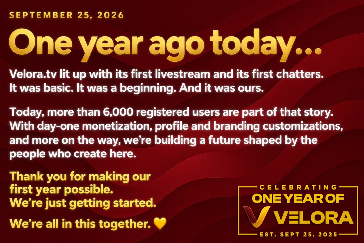 VeloraTV's tweet photo. We have changed the way people think about streaming and creation - and this is just our first year.

Here's to year two.
We're all in this together. 💛 https://t.co/XAQdNGX42H