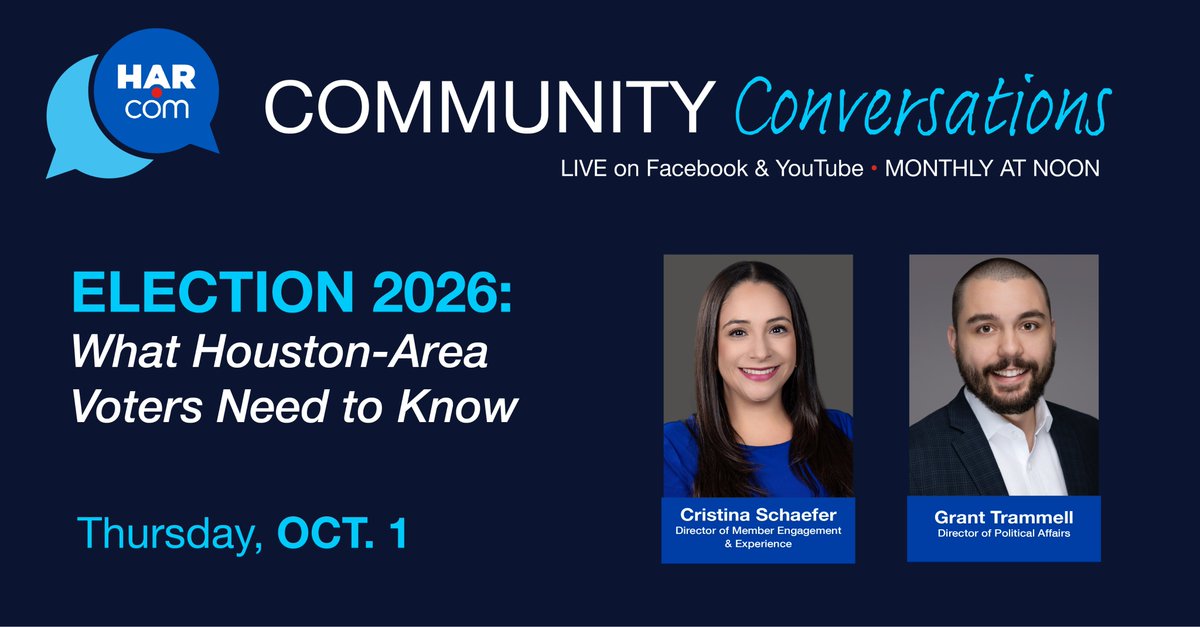HARMembers's tweet photo. Ready for Election Day? Join HAR Community Conversations featuring HAR Director of Political Affairs, Grant Trammell, as we discuss voter registration, key election deadlines, and the issues that matter most to homeowners and renters. Set a reminder and get ready to vote! https://t.co/Q5zBxSAlSJ