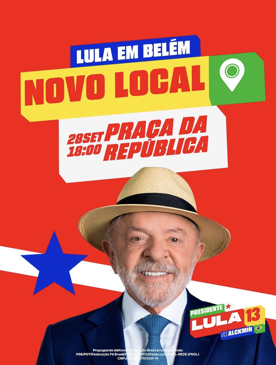 larismartinspt's tweet photo. ATENÇÃO! O ato do presidente Lula, em Belém, será agora na Praça da República, as 18h! Bora fazer uma festa linda para o nosso presidente!!! ⭐️ https://t.co/xq1OcUNrYE