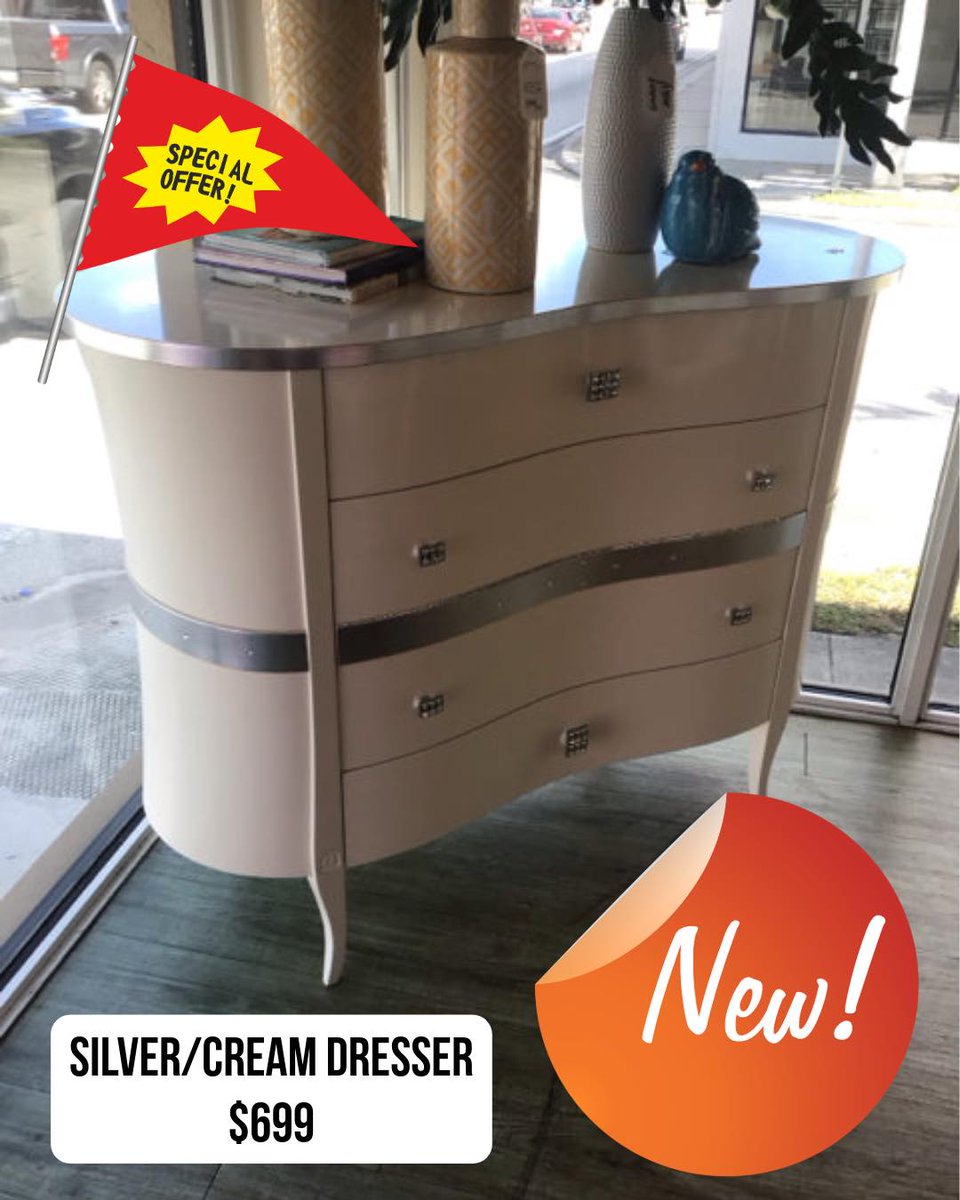 EliciaNass's tweet photo. New store offer: This elegant silver and cream dresser features graceful curves, chrome accents, and timeless style. Add a touch of luxury to your bedroom for just $699. https://t.co/sDIhN9PrxH