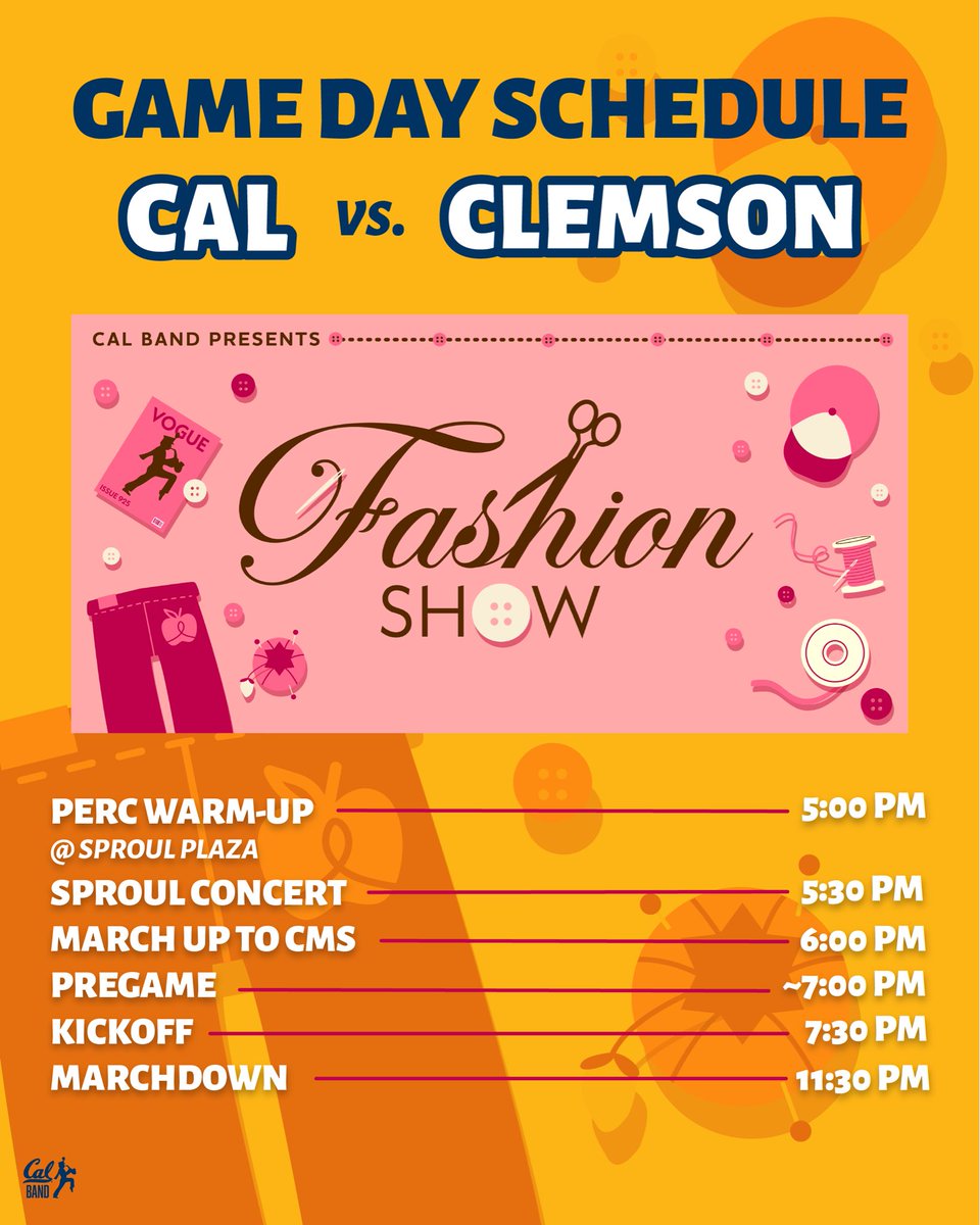 CalBand's tweet photo. Friday’s Game Day Schedule vs Clemson 📆

Go Bears! Beat the Tigers!

#CalBand #CalBandGreat https://t.co/37v6uSaIjJ