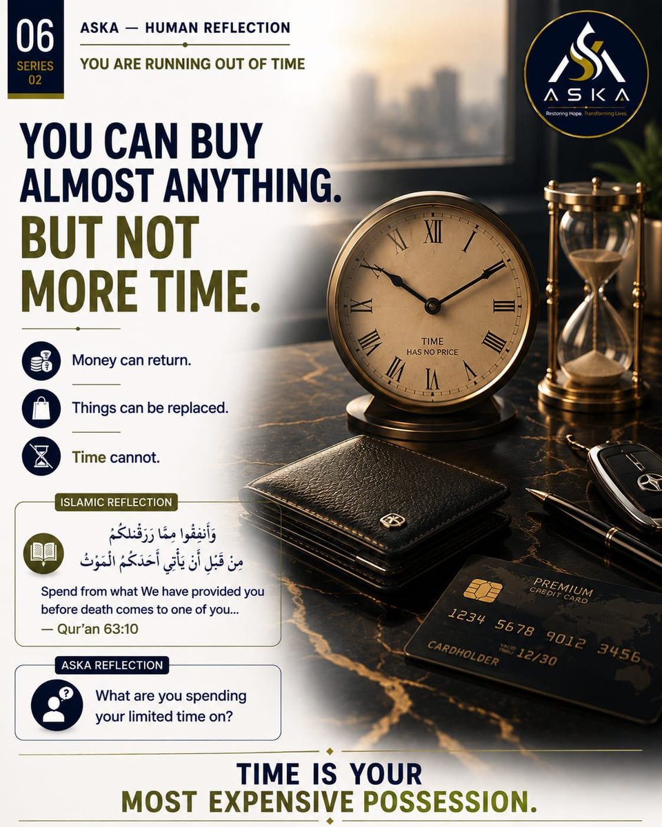 Afrozsk03's tweet photo. You can buy almost anything. But not more time.
Time spent is time gone.⏳
Spend it on what truly matters before it becomes a regret.
Pause. Reflect. Choose wisely.
Save • Share • Reflect
#ASKA #HumanReflection #Time #TimeIsPrecious #IslamicReminder #Quran #SelfReflection https://t.co/L1CKzfMYJd