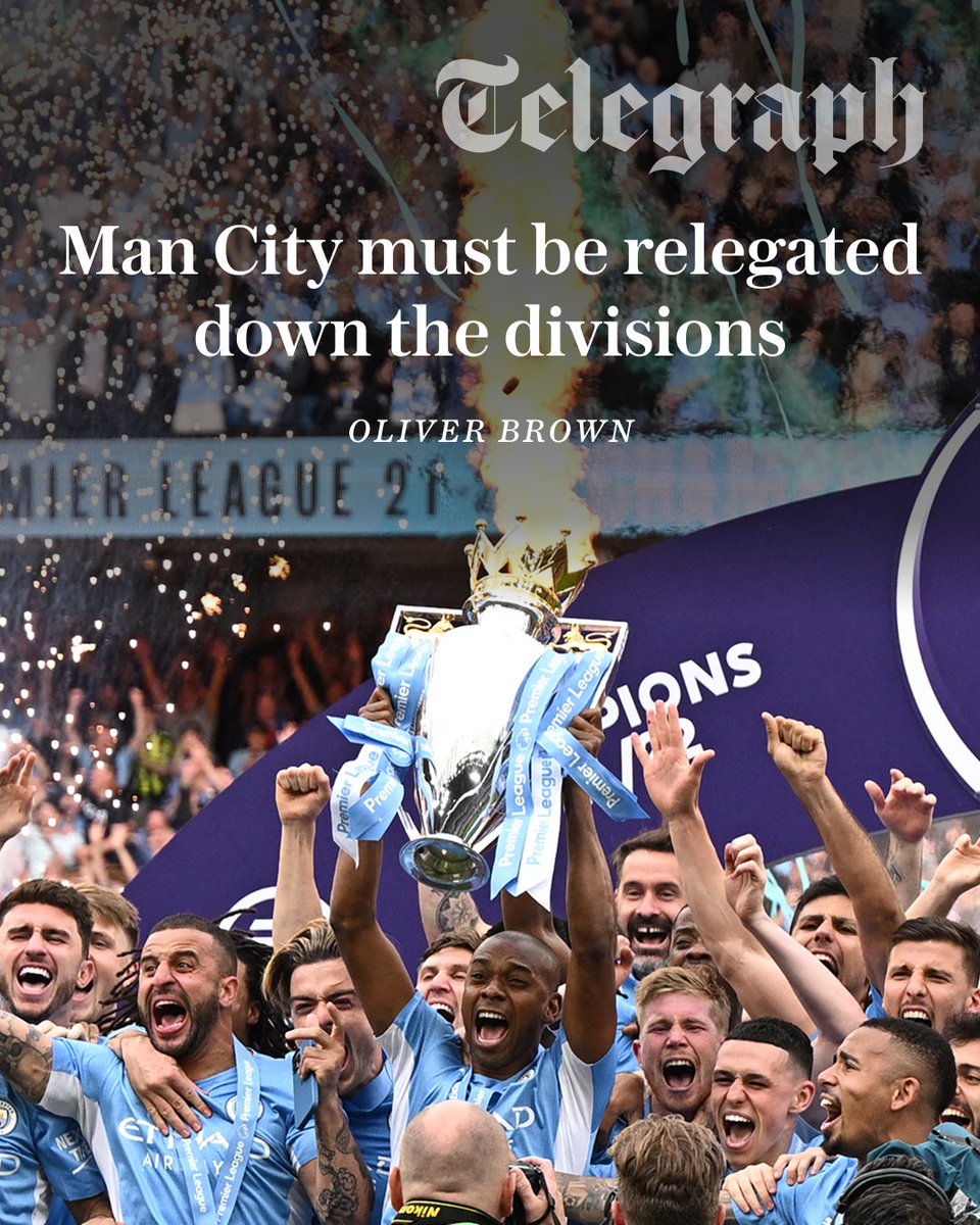 TeleFootball's tweet photo. "After perhaps the most consequential legal verdict ever delivered in English football, every last one of the 20 major trophies Manchester City have earned through Abu Dhabi’s bankrolling now comes with an asterisk," writes Oliver Brown.

"Truly, we are in unprecedented territory, and it warrants an unprecedented punishment..."

Read @oliverbrown_tel full thoughts on the club's guilty charges here ⬇️
https://t.co/xYcFi95JU8