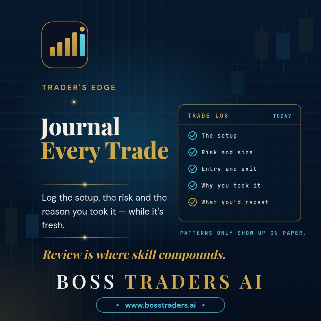 bosstradersai's tweet photo. Journal every trade.

Setup. Risk. Entry and exit. Why you took it. What you'd repeat.

Patterns only show up on paper.

Review is where skill compounds. Spend 10 minutes on it before the weekend.

https://t.co/k1qMLCc9uW
#BossTradersAI #TradersEdge https://t.co/zyQ377VYuO