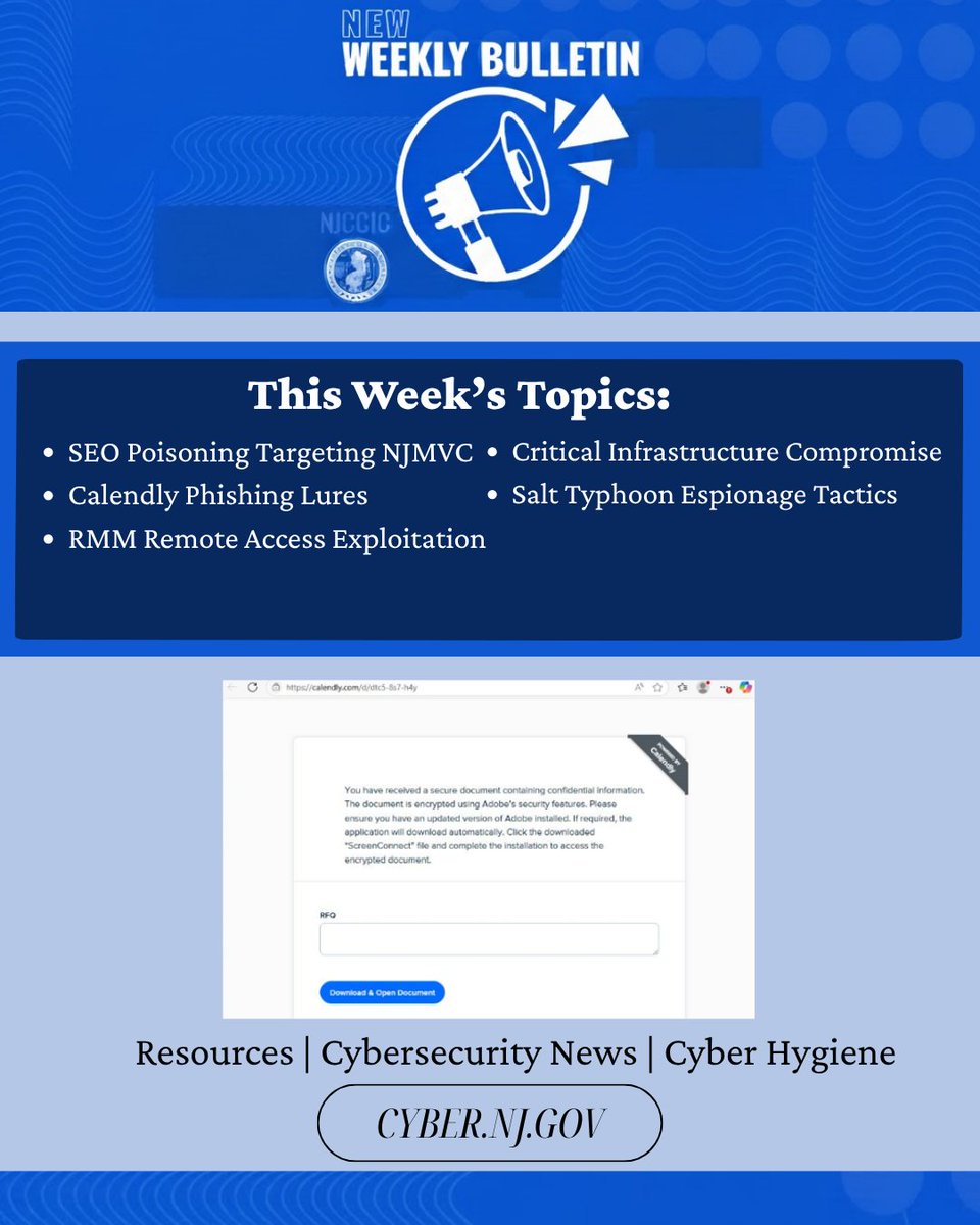 NJCybersecurity's tweet photo. The Weekly Bulletin is live. Highlights include SEO poisoning spoofing the NJMVC portal to steal payment data, Calendly phishing lures dropping ScreenConnect software, and more!

Read: https://t.co/YLFqitIAPj https://t.co/OFre1aierL
