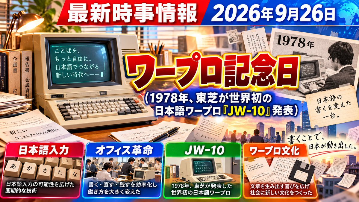 NOBY1202's tweet photo. 今日9月26日は「ワープロ記念日」。1978年、とうしばが世界初の日本語ワープロ「JW-10」を発表。かな漢字自動変換を採用した画期的な機械で、価格はなんと630万円、重さ220kgだったそうです。その後各社が参入し普及しましたが、90年代のパソコン普及で2000年頃には姿を消しました。 #ワープロ記念日 https://t.co/2g3s7B6DBP