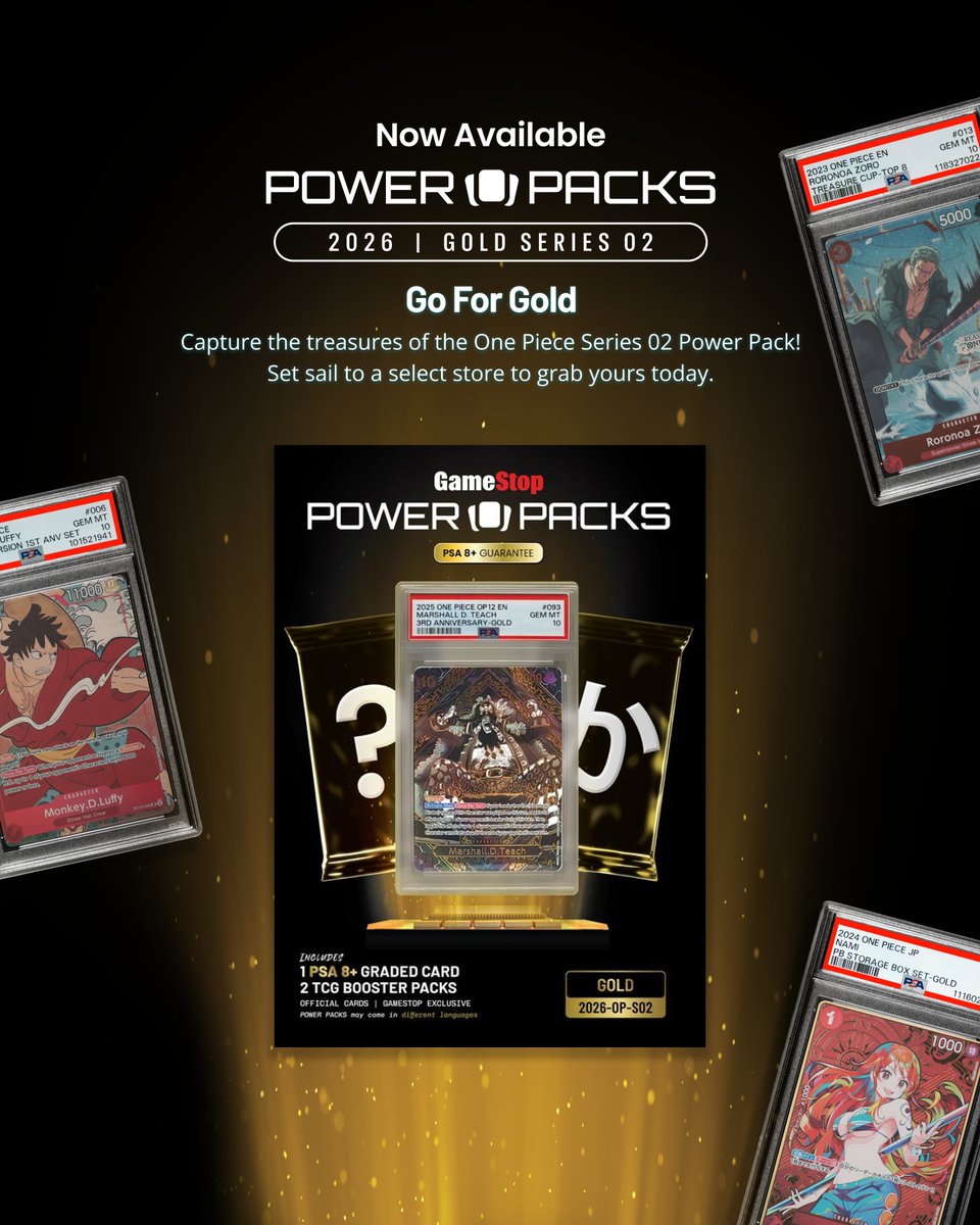 powerpacks's tweet photo. Treasure awaits.  🏴‍☠️

The One Piece Gold Series 2 Power Pack is now available at select GameStop stores nationwide. https://t.co/3zKOtz8BkG