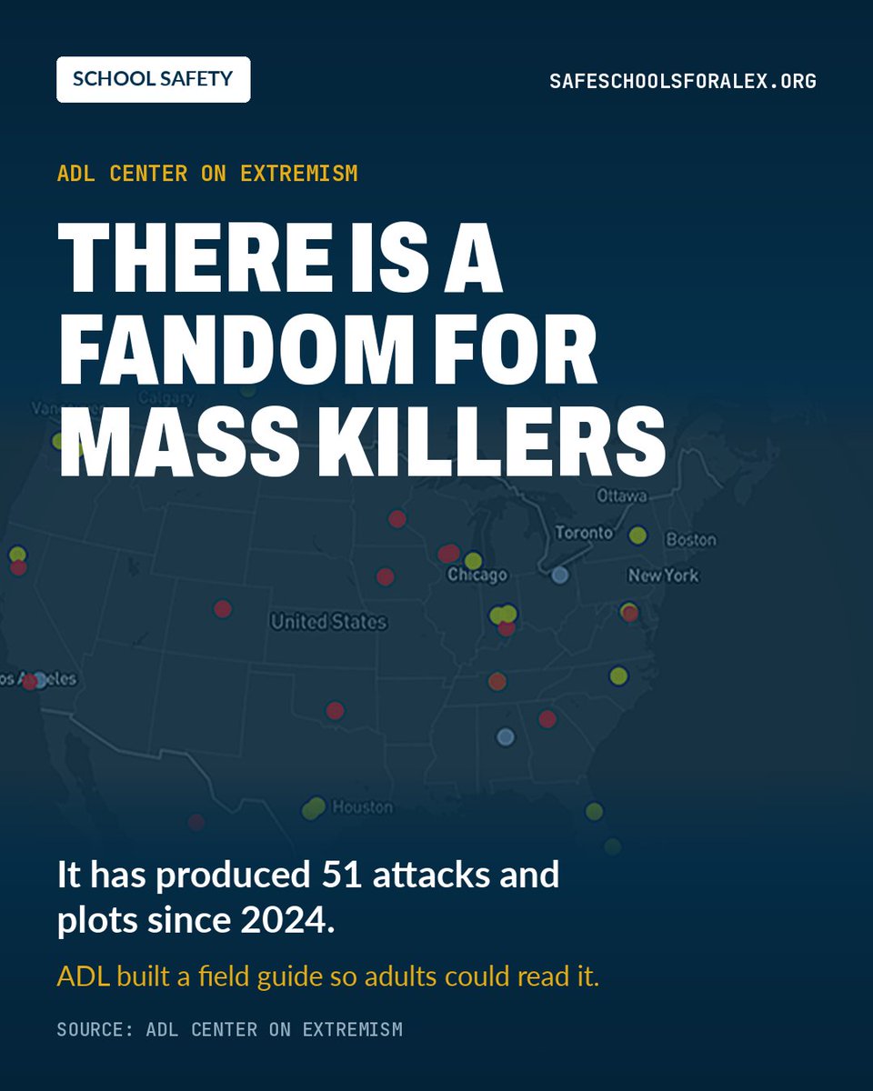 maxschachter's tweet photo. @ADL launched something this week that EVERY PARENT and PRINCIPAL should see.

Their Center on Extremism mapped 51 attacks and plots tied to one online community since 2024. Since January 2025 they flagged 8 people to law enforcement. All 8 were arrested.

At the center of it is a subculture built on fascination with mass killers. ADL describes attacks designed from the start so the footage gets shared, celebrated and copied.

I have been making a version of this argument since 2018. The celebrity we hand these people is part of the machinery.

The hub has a field guide that decodes the terms and symbols these communities use. Most adults look at a kid's screen and see nothing. That is the gap.

Some of it is hard to look at. ADL says so up front. Look anyway.

Thank you @ADL! Link in the first comment.