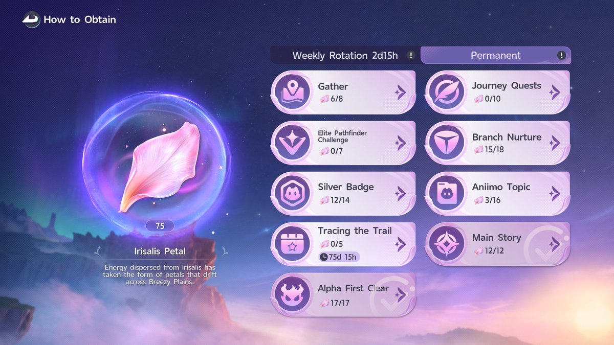 AniimoIntel's tweet photo. How to get Irisalis Petals 🌸Weekly:
Gather — 8
Elite Pathfinder — 7
Silver Badge — 14
Tracing the Trail — 5
Alpha First Clear — 17
Stamp Shop — 4

Event Shop — RandomPermanent:
Journey Quests — 10
Branch Nurture — 18
Aniimo Topic — 16
Main Story — 12
Faded Rainbow — 6Check the weekly ones first before they rotate 👀#Aniimo #Irisalis #AniimoGame
