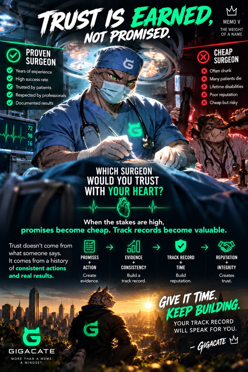 theGigacate's tweet photo. MEMO V — THE WEIGHT OF A NAME

Trust. Reputation. Track Record.

Imagine you need heart surgery.

One surgeon has years of successful operations, respected patients, documented results and a proven reputation.

The other is cheaper—but regularly shows up drunk, has a history of failed surgeries, and leaves patients worse than he found them.

Who gets your heart?

Now imagine you’re building a house.

One builder can show you homes he built 20 years ago—still standing through storms, winters and time.

The other has a beautiful presentation, a cheap price and big promises—but can’t show you anything he’s successfully built.

Who gets your house?

The lesson is simple:

When the stakes are high, promises become cheap. Track records become valuable.

Trust isn’t created by saying “Trust me.”

It’s created when promises become actions, actions produce results, and those results are repeated long enough to establish a pattern.

That pattern becomes your reputation.

And reputation takes time.

You can create hype overnight.
You can attract attention overnight.
But you cannot create a proven history overnight.

That’s the same principle behind Gigacate.

We shouldn’t ask people to trust the project because of what we promise.

We should give them evidence.

Build the community.
Create the entertainment.
Deliver the milestones.
Teach something valuable.
Keep improving.
Keep showing up.

Eventually, people shouldn’t have to ask:

“What does Gigacate promise?”

They should be able to ask:

“What has Gigacate done?”

And the track record should answer.

Promises + Action = Evidence
Evidence + Consistency = Track Record
Track Record + Time = Reputation
Reputation + Integrity = Trust

So give it time.

Keep building. Keep delivering. Keep your word.

Eventually, you won’t have to tell people what your name represents.

Your history will tell them.

— GIGACATE
