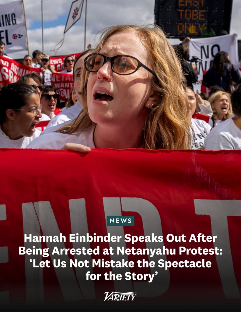 Variety's tweet photo. Hannah Einbinder speaks out after being arrested in New York City while protesting Israeli Prime Minister Benjamin Netanyahu at the U.N.:

“If the pictures of my friends and me getting arrested in protest of  Netanyahu’s shameful visit to New York draw attention to anything, let it be to the devastating genocidal war Israel is waging against the people of Palestine and Southern Lebanon — to the settler attacks, the home demolitions, the bombing of people as they sleep; to the crimes  that happen every SINGLE day but garner almost no international press coverage.

The U.S. government has the power to bring an end to all of this  killing, pillaging, and land theft, yet instead it chooses to welcome  the butcher of Gaza with open arms. The fact that  the orchestrator of all this bloodshed is roaming freely in our cities  is an indictment of BOTH REPUBLICANS AND DEMOCRATS who enable and  protect architects of genocide like Netanyahu. Let us not mistake the  spectacle for the story: genocide is the headline, and it is time for it  to end.”

https://t.co/Yp6uAXfXkk