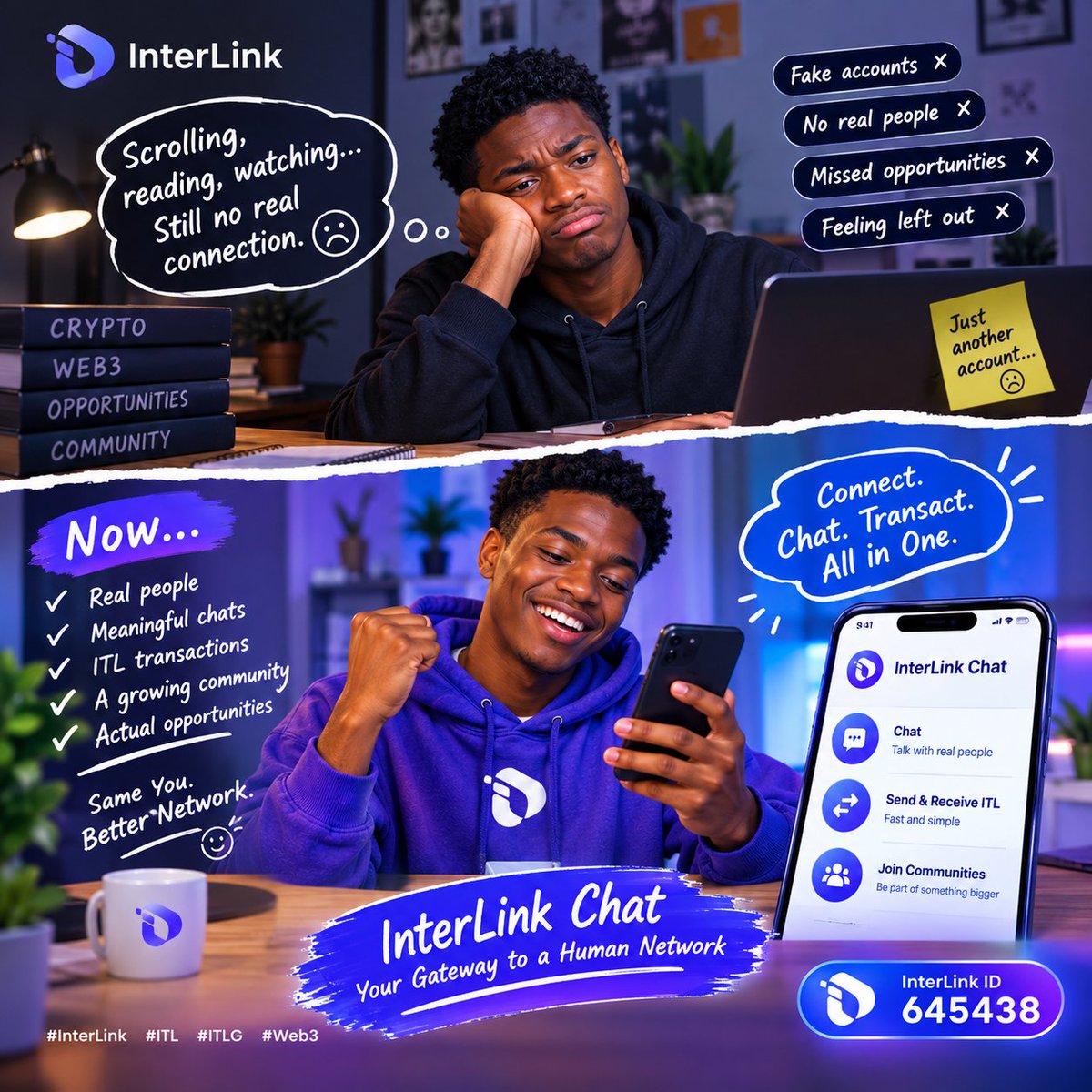 Cryptoafricans's tweet photo. POV: You came for Web3 opportunities but found another account to manage 😂
Then you discover a Human Network built around identity, communication and community.
InterLink Chat — Connect. Chat. Transact.
ID: 645438
#InterLink #ITL #ITLG #Web3 https://t.co/EFcj81DmE2
