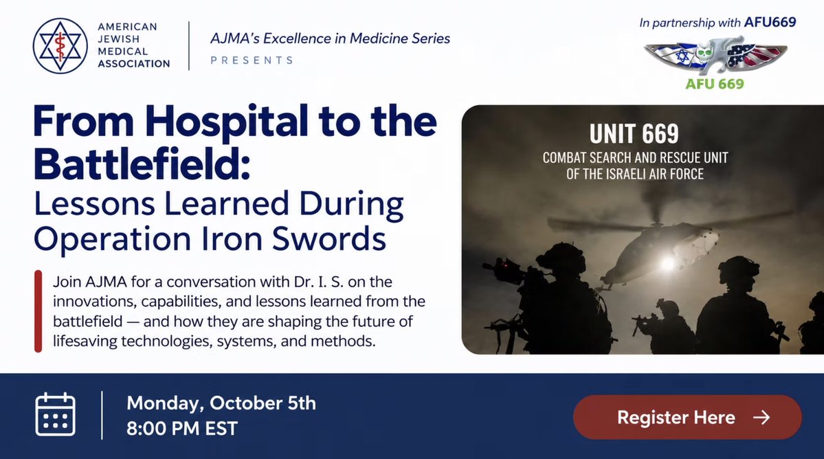 TheAJMAofficial's tweet photo. What can the broader medical community learn from battlefield medicine? From lifesaving practices and rapid decision-making to new technologies and systems of care, lessons from the battlefield can apply far beyond it.

Dr. I.S., a reserve special forces medical evacuation platoon commander, will share lessons learned during Operation Iron Swords and what they can teach us about the future of medicine.

Register today: https://t.co/ckTZeuLAvF