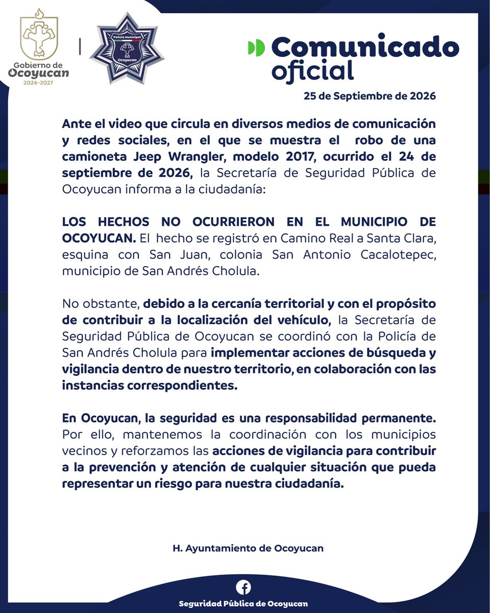 AytoOcoyucan's tweet photo. Ante los hechos  registrados el día de ayer 👇 informamos:

#Ocoyucan https://t.co/BDIGqOvhKy