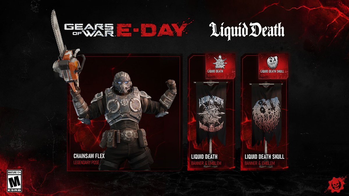 IdleSloth84_'s tweet photo. UPDATE | Gears of War: E-Day launches with a collab with Liquid Death that puts a Legendary pose in your hands. 

A Legendary animated pose you can equip on any playable character. Nothing says “I’m fine, everything’s fine” on Emergence Day quite like flexing with a Chainsaw.

The pack also includes a Liquid Death–branded​​ in-game banner, emblem, and icon.

*To claim it, head to https://t.co/R3btjO9mu0, connect your retailer account through the digital reward landing page, then purchase Liquid Death Energy through that retailer online or in store. Offer runs in the U.S. only from September 25 – November 30, 2026.