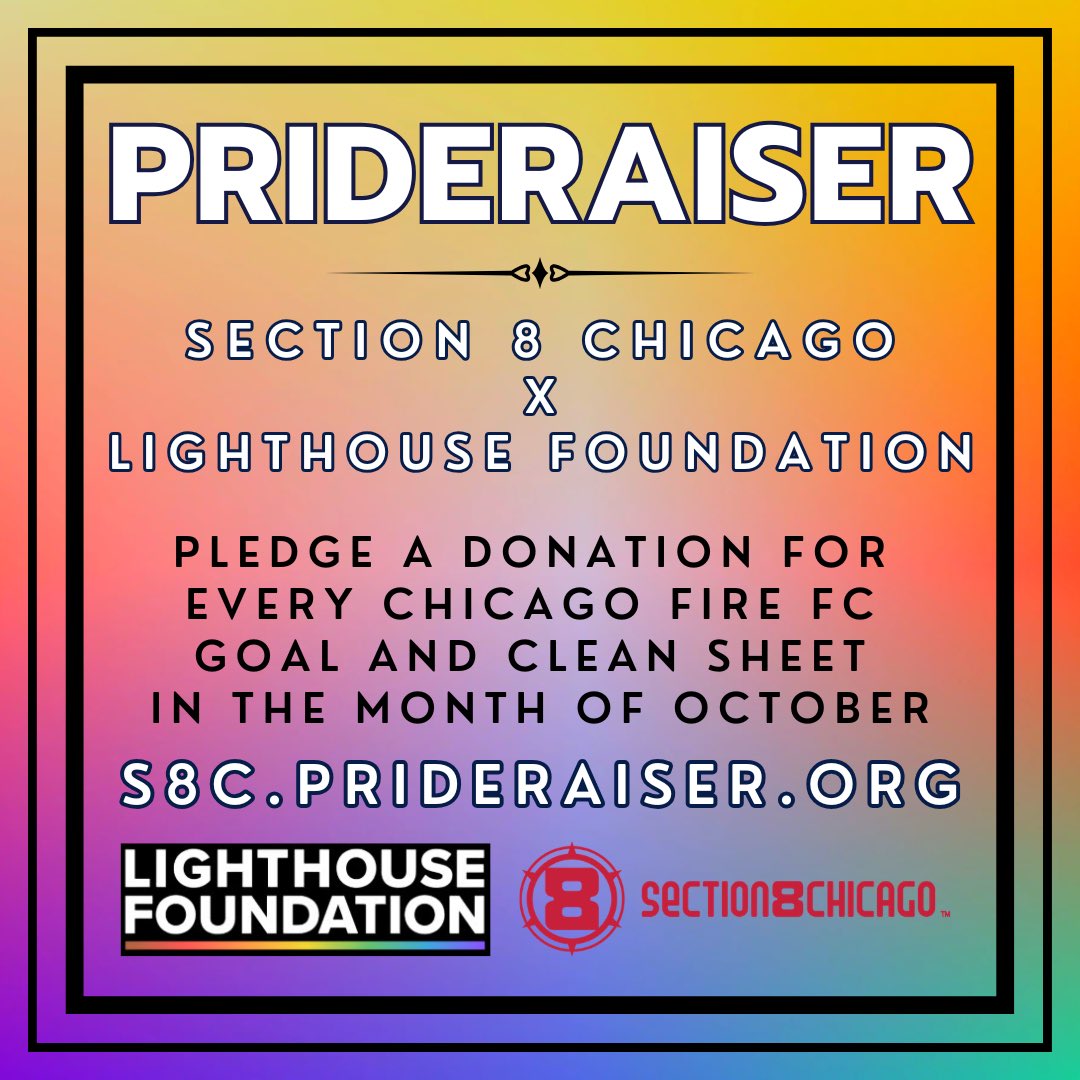 Section8Chicago's tweet photo. ❤️‍🔥 It’s Prideraiser time! 🏳️‍🌈🏳️‍⚧️

S8C is honored to support @lightfoundchi for our 2026 @Prideraiser campaign!

❤️ Make your pledge for every #cf97 goal and clean sheet in the month of October to support this great organization

🔗 https://t.co/mi9VTqSMvf https://t.co/gGBRtj2GfM