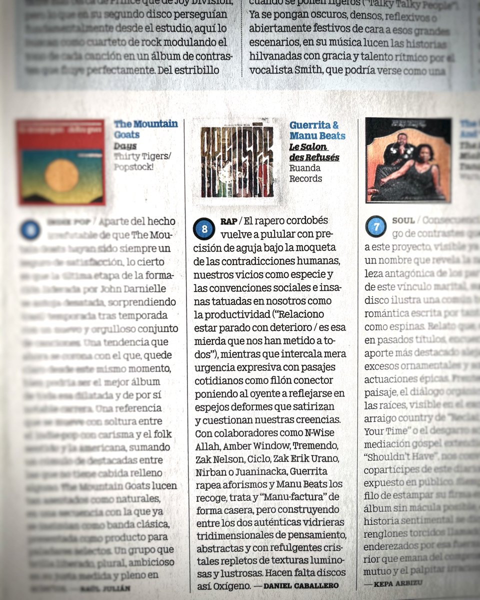 danicaballerou's tweet photo. 💿 ✍🏻 Crítica de “Le Salón des Refusés” en la edición impresa de septiembre de @mondo_sonoro 

Con la templanza que le caracteriza Guerrita vuelva a sacar de debajo de la moqueta las contradicciones humanas. 

🍇 A la cosecha del año 

@RuandaRecords 
@Guerrita180 https://t.co/pTxvAddKVm