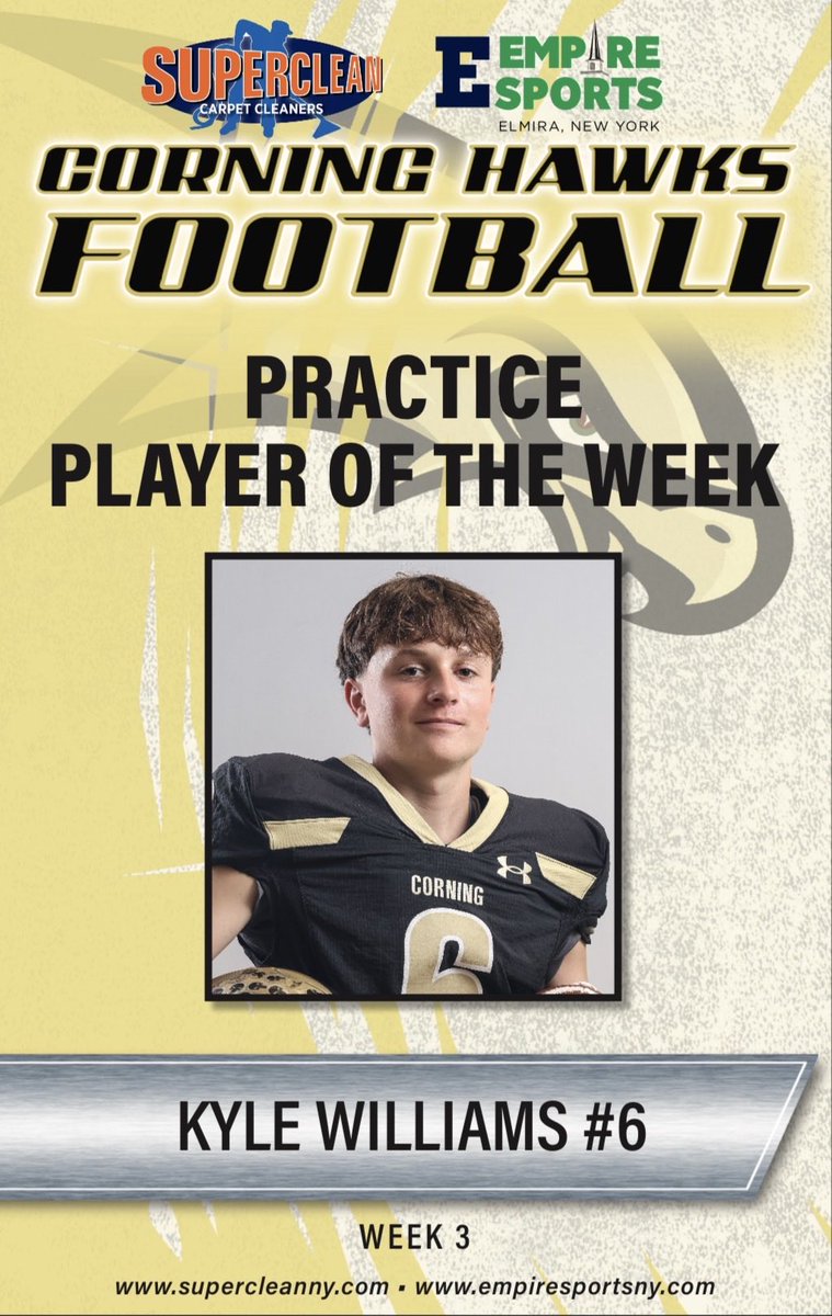 corningfootba11's tweet photo. Super Clean/ Empire Sports Practice Player of the Week for Week #3 vs. Binghamton. 
Congratulations Kyle Williams💪🏼🙌🏼💛🖤🏈 https://t.co/6Mnm9skXxp