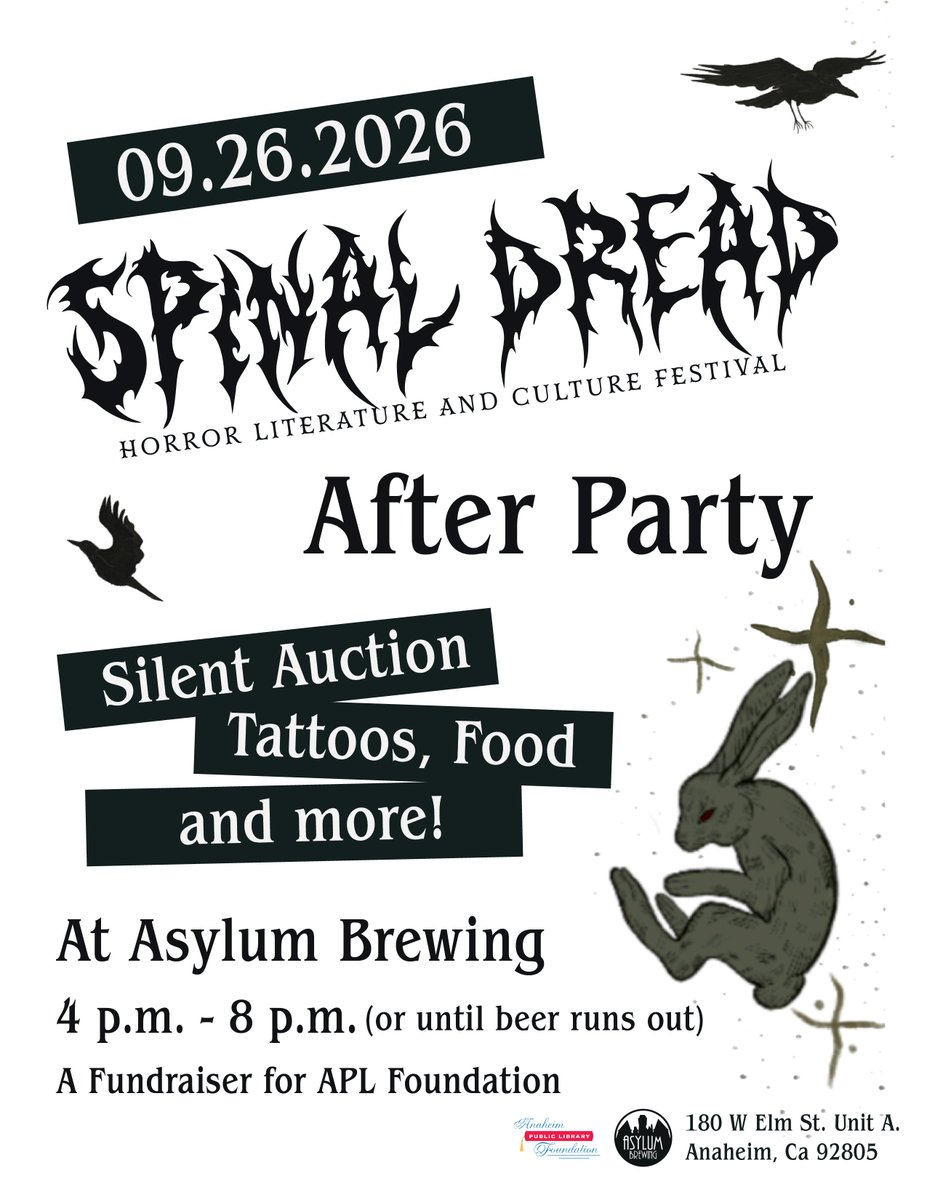 ericjguignard's tweet photo. Can't wait to participate in this library indie horror festival, held TOMORROW!: Anaheim Public Library’s second annual SPINAL DREAD: HORROR LITERATURE &amp; CULTURE FESTIVAL!
500 W Broadway, Anaheim, CA
Sat. Sept. 26 from 10:00 to 4:00
#SPINALDREAD
More here:
https://t.co/qRzEITA9Ci https://t.co/t9xkkLxYlp